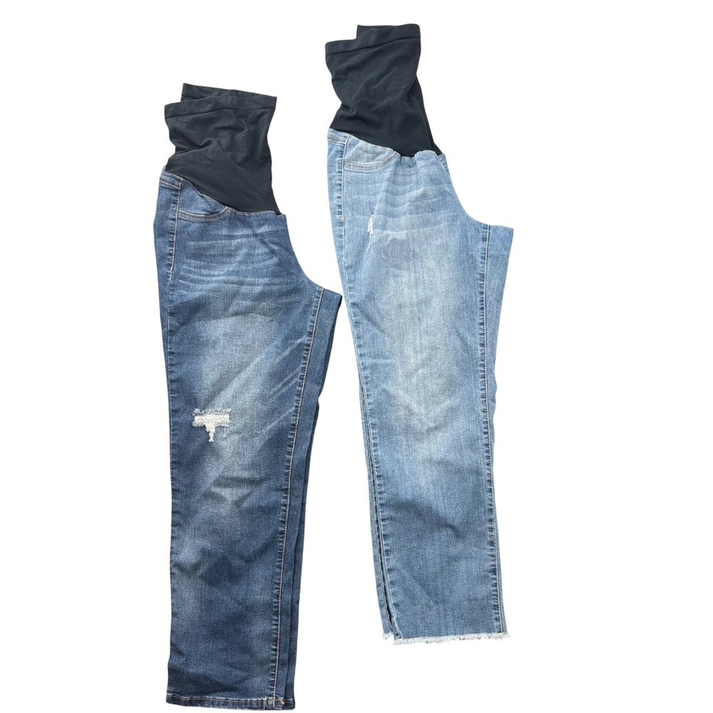 Maternity Jeans Bundle Over The Belly Distressed Raw Hem Blue Denim 2 Pairs